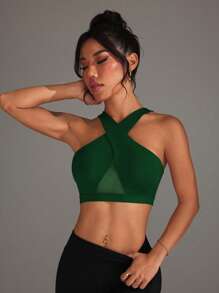 Easithlete Women's Plain Color Mesh Patchwork Sports Bra, Daily Fitness Wear