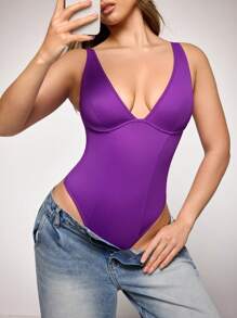 SuitURBody 1 bộ đồ liền thân hở lưng chữ V sâu màu trơn cho nữ - Màu tím - Xem 7