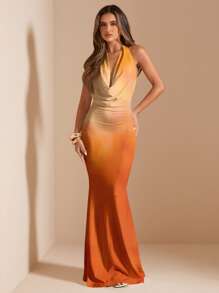 SHEIN BAE 女式休闲渐变色垂坠领修身长裙，夏季 - 彩色 - 查看 3