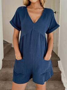 Easowa Solid Batwing Sleeve Pocket Patched Romper - Blue - View 3