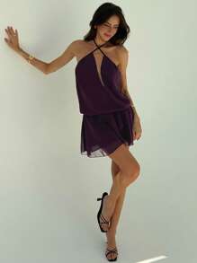 Aloruh 夏季假期交叉带深 V 露背 A 字迷你吊带连衣裙，女士款 - 黃色 - 查看 3