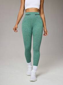 女式字母腰带运动紧身裤 - 綠色 - 查看 3
