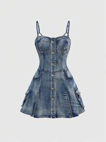 ROMWE Avant Y2K Vintage Washed Low Waist Mini Denim Slip Dress With Zipper - Blue - View 1