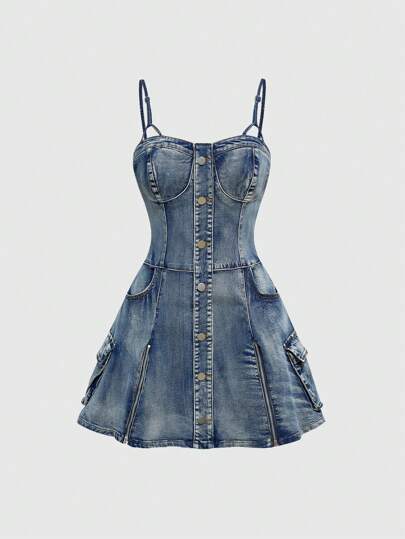 ROMWE Avant Y2K Vintage Washed Low Waist Mini Denim Slip Dress With Zipper