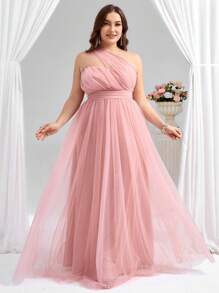 Coutiva 优雅粉色单肩网眼全喇叭礼服，春夏 - 粉色 - 查看 5