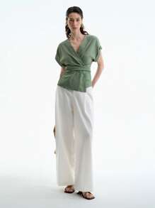 Aalyst Summer 2025 New Criss-Cross Waist Design Green Casual Women's Shirt With Countryside Vibe