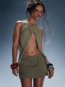 MUSERA Lace Up Eyelet Detail Mini Skirt Summer Sexy Festival Holiday Ibiza Rave Boho Vacation Printed Escapade Beach Y2k Western Nashville Party - Green - View 5