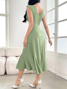 Modelyn Women's Solid Color Sleeveless Ruffle Lace Trim Bodycon Dress Long Evening Dresses - Green - View 3