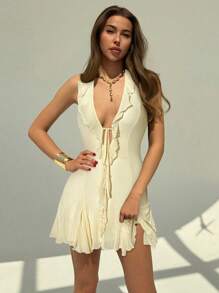 Aloruh Váy ngắn gợi cảm cổ chữ V sâu xếp nếp màu trơn buộc dây phía trước cho nữ, mùa hè - Màu be - Xem 5