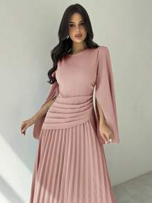 Firerie 优雅时尚浪漫时尚端庄褶皱高腰超长袖蓝色A字连衣裙 - 藕粉色 - 查看 2