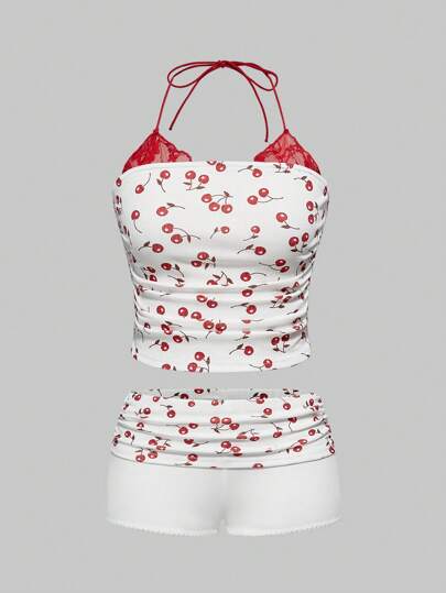 ROMWE Avant Damen 2-teiliges Set mit Kirschenmuster, rückenfrei Trägertop und Shorts, sexy Sommer