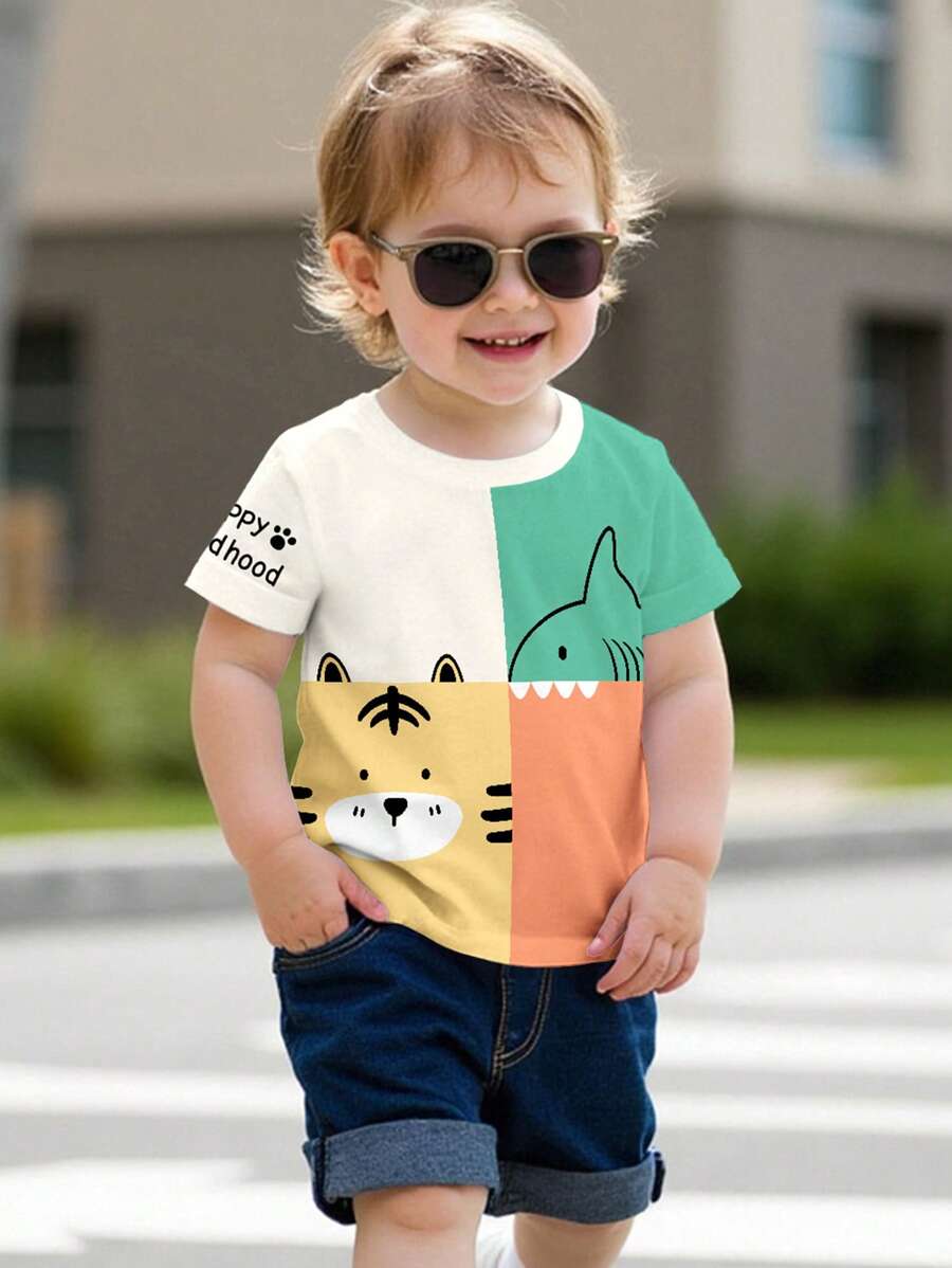 SHEIN Boys Casual Comfortable Cute Cartoon Tiger, Shark, Happy Childhood Graphic Print Round Neck Short Sleeve T-Shirt, Suitable For Summer, Outdoor, Homewear, Picnic, Animal Park, Amusement Park - Multicolor - View 1