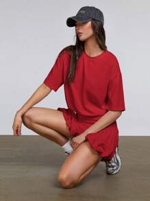 Athîral 女式纯色圆领落肩泡泡袖迷你连衣裙 - 紅色 - 查看 2