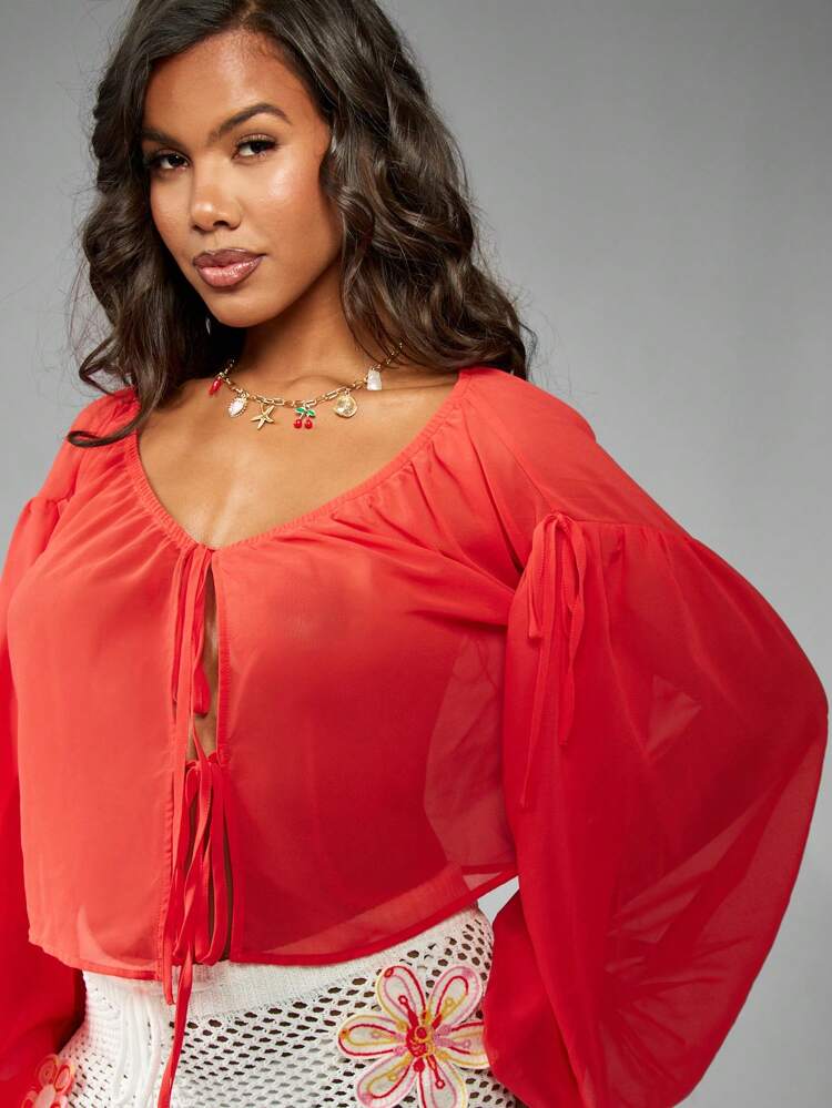 MISSGUIDED Chemisiers paysans en mousseline transparente à manches bouffantes et nœud sur le devant, style Noël