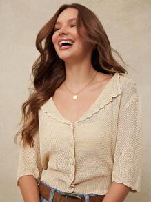 WESTFADE Scalloped Collared Button Front Drop Shoulder Oversize Cropped Cardigan Western Cowgirl Nashville Rodeo Country Concert Boho Beach Vacation - Khaki - View 1