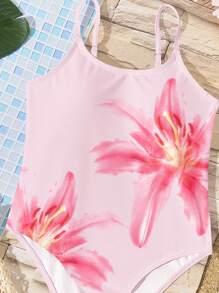 SHEIN Travachic KIDS Tropical Hibiscus & Althea Floral Design, Tween Girls Casual Simple Cami One-Piece Swimsuit, Suitable For Summer Beach Vacation, "Coconut Girl, Chill Summer" - Multicolor - View 3