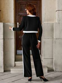 Solivie 2pcs Elegant Contrasting Trim Button-Front Shirt And Pants Set Women Pants Suit