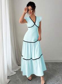 Rafferiza Delicate V-Neck Ruffled Cap Sleeve Wave-Edged Ribbon Accent Contrast Color Woven Textured Fabric Spring/Summer Dress For Women - Baby Blue - View 6