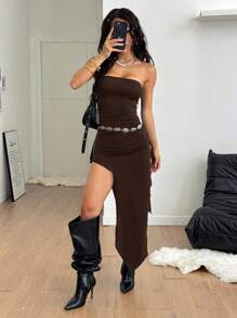 Coolane 女士夏季街头风 Y2K 俱乐部服装性感演唱会音乐节无袖不对称连衣裙 - 棕色 - 查看 3