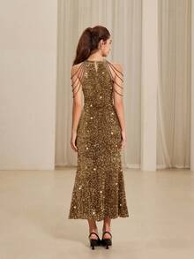 Aveloria Rosie Đầm yếm gợi cảm sang trọng cao cấp mới với vải sequin tinh xảo, thiết kế nhiều dây xích, thắt eo, không tay, thích hợp cho tiệc tùng, ngày lễ tình nhân, mùa xuân/hè - Vàng - Xem 2