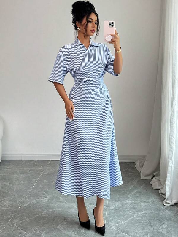 Modelyn Women Summer Casual Striped Wrap Around Midi Dress