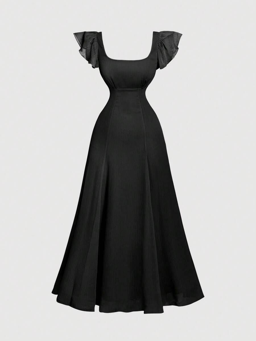 SHEIN MOD Black Mini Cap Sleeve Empire Waist Dress - Black - View 1