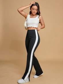 SHEIN EZwear Pantalones negros con costuras laterales de contraste y borde con abertura - Blanco y Negro - Ver 1