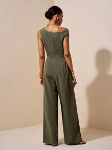 Zivah 2025 春夏新款多用途无袖连体衣 - 音乐节、复活节、圣帕特里克节、西部风、游牧风、生日派对、毕业典礼、学院风、日常穿着、休闲装、度假装、巡航装、海滩装、阳光装、时尚装、街头风格、婚礼嘉宾装、通勤装、早午餐装、机场装、绿色不对称褶皱高腰纹理亚麻连体裤