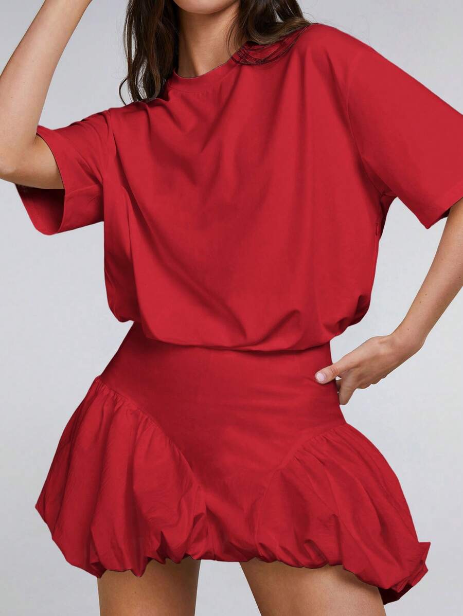 Athîral 女式纯色圆领落肩泡泡袖迷你连衣裙 - 紅色 - 查看 1
