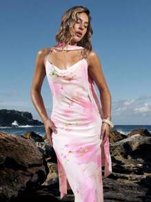 Opulessa Vestido estampado sin espalda tejido para mujeres - Rosa - Ver 2