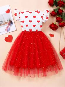 Young Girl Heart Pattern Round Neck Cap Sleeve Mesh Mini Dress, Summer - Red - View 2