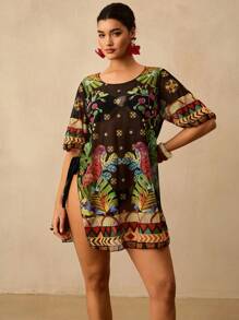 Travachic 加大码热带印花透明性感罩衫休闲度假海滩旅行宽松短袖套头衫