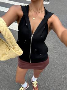 SHEIN EZwear Summer Hoodie Black Sleeveless Backless Hooded Zipper Sweatshirt In Fall/Winter - Black - View 4