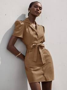 Aveloria Modichic 女式时尚翻领短款泡泡袖迷你连衣裙 - 卡其色 - 查看 6