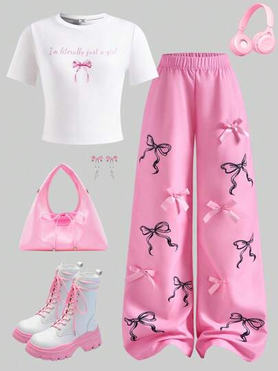 SHEIN Set de 2 piezas con camiseta de manga corta con eslogan y pantalones anchos de pierna ancha informal para niñas preadolescentes en verano