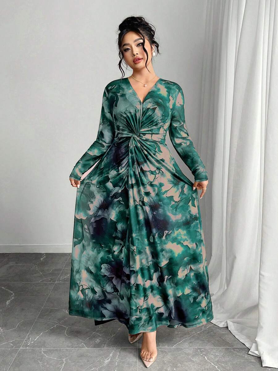 Modelyn 大码优雅花卉印花扭纹前开襟连衣裙 - 綠色 - 查看 1