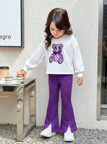 SHEIN Sudadera Con Hombros Caídos Y Dibujo Animado Para Niña Y Pantalones Con Dobladillo Dividido