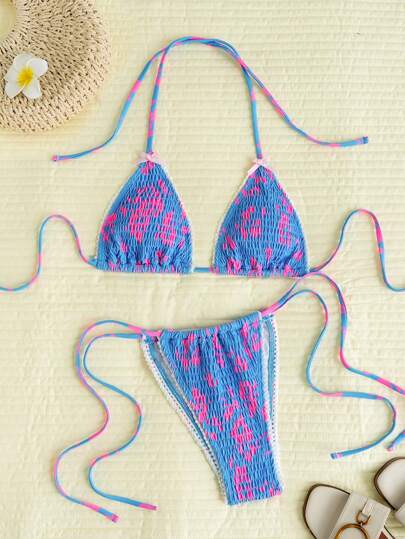 Swim Mod SLAYR Smocked Bikini Set With Bow Accent & White Floral Trim For Women For Summer Beach Vacation