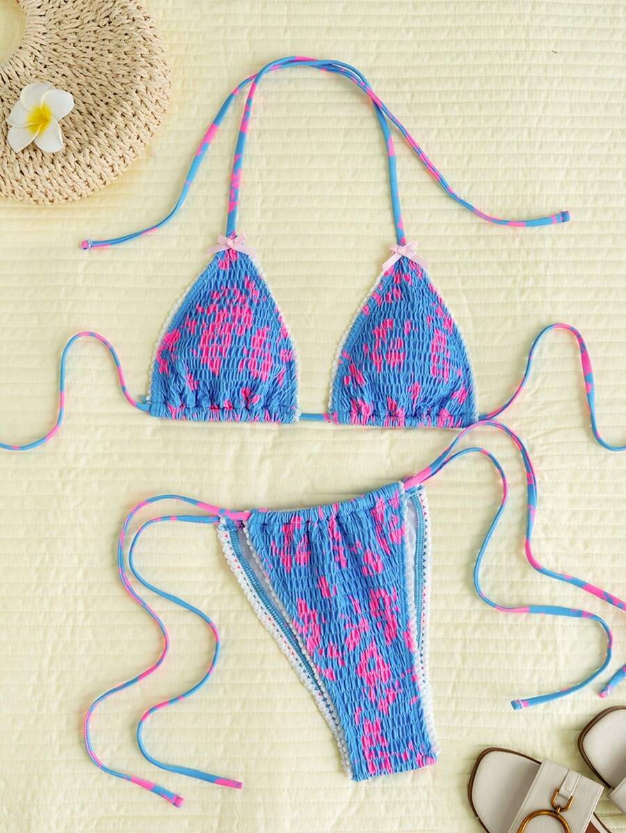 Swim Mod SLAYR Smocked Bikini Set With Bow Accent & White Floral Trim For Women For Summer Beach Vacation - Blue - View 1