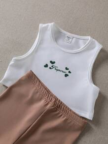 PrepCrw Young Girls Academy Style White Letter Print Knitted Camisole And Shorts Set, Summer Cute Back To School Outfits Young Girl Clothes For School - White - View 5