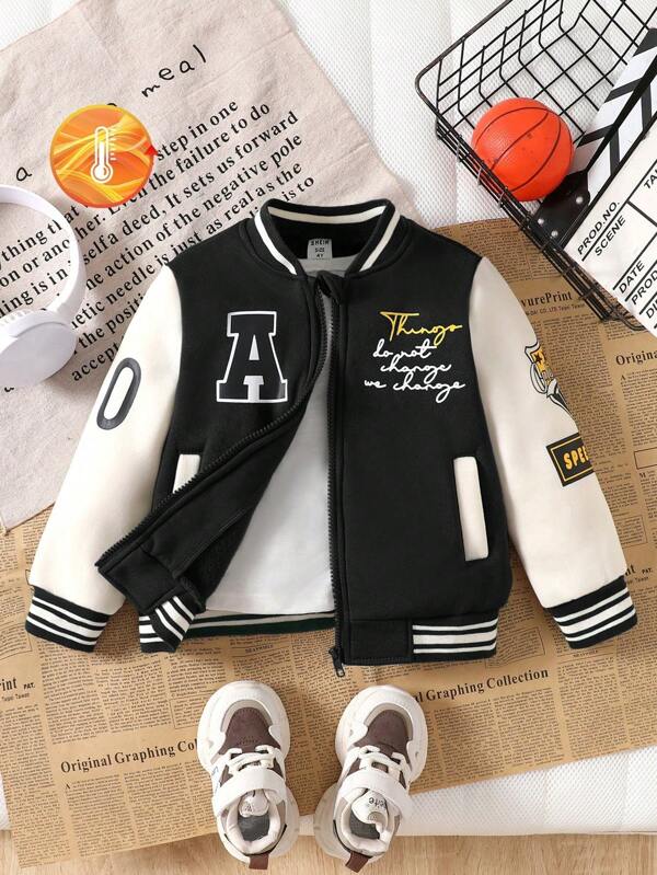 SHEIN Explorewe Black Striped Bomber Jacket For Boys With Baseball Collar And Zipper Details Kids Bomber Jacket Boys Varsity Jacket Girls Letterman Jacket Girls Baseball Jacket Childrens Cotton Jacket Chic Outfits For Autumn/Winter Fall