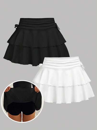 Girlism 2pcs/Set Teen Girl Fashion Casual Minimalist Ruched Waist A-Line Skirt Black & White, Concert Teen Ruffle Skirt Skirts For Teen Girl Set Ruffle Skort Skort With Shorts Inside Tiered Ruffle Skort Fall Winter