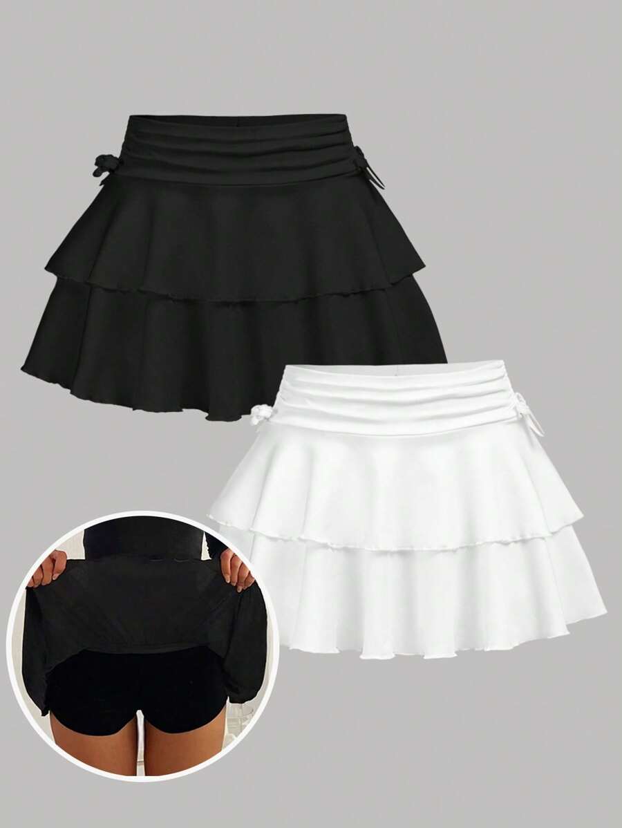 Girlism 2 件套青少年女孩时尚休闲简约褶皱腰 A 字裙黑白,音乐会青少年荷叶边裙青少年女孩裙子套装荷叶边短裙短裤内搭多层荷叶边短裙 - 黑與白 - 查看 1