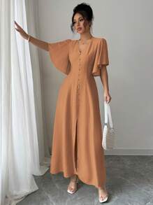 Elenzga Abito midi elegante da donna con scollo a V e vita in vita, maniche a campana, decorato con bottoni, ideale per casual, tè pomeridiano, feste, vacanze e pendolarismo, primavera/estate