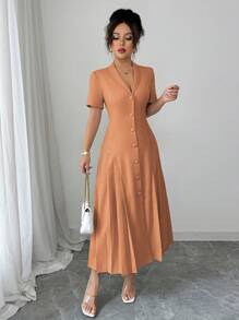 Elenzga Đầm Maxi trang trọng tay ngắn xếp ly kiểu Pháp thanh lịch, giản dị, công sở, màu trơn, cổ bẻ cài nút, eo cao cho nữ mùa xuân/hè - Màu Cam san hô - Xem 6