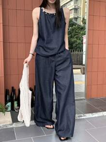 DAZY Women's Summer Bohemian Sequined Patchwork Sleeveless Top And Loose Casual Wide Leg Pants 2 Pieces Suit, Vacation Style