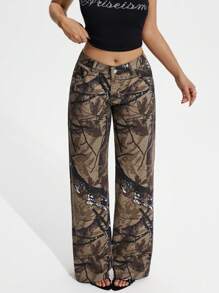 SHEIN PETITE Quần Jeans Ống Rộng Túi Họa Tiết Nhánh Cho Nữ Thường Ngày - xanh quân đội - Xem 6