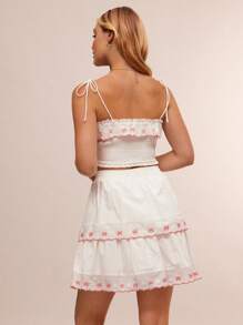 WESTFADE Gonna mini a-line con vita arricciata, fiocco, ricamo e volant a balze, stile country western, adatta per concerti a Nashville, brunch, vacanze al mare in stile boho - Bianco - Visualizzare 2