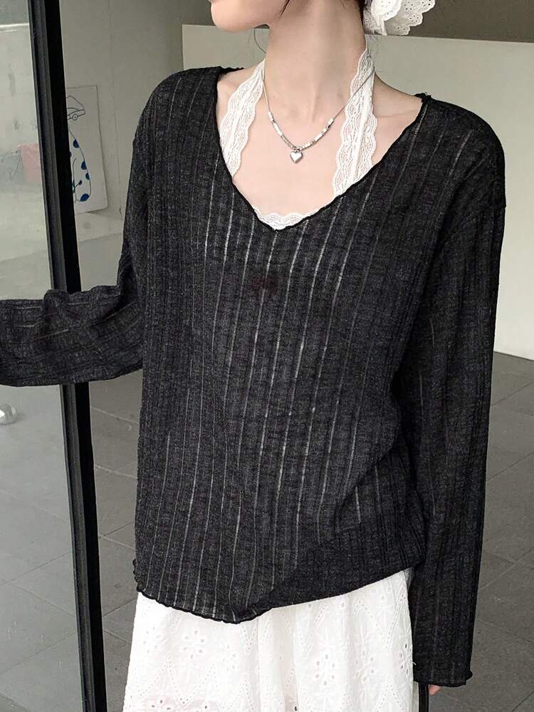 Women's V-Neck Loose Long Sleeve Sheer Sexy Basic T-Shirt, Summer