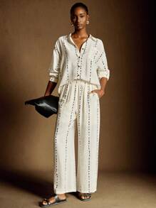 Écloséra 时尚休闲日常百搭宽松圆点条纹印花亚麻衬衫阔腿裤女士春秋套装休闲套装女士纽扣衬衫女士套装女士两件套女士衬衫女士休闲装春季